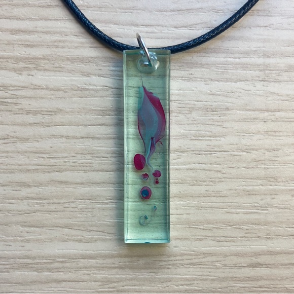 Aqua Water Marble Resin Long Rectangular Pendant Necklace - Picture 9 of 9